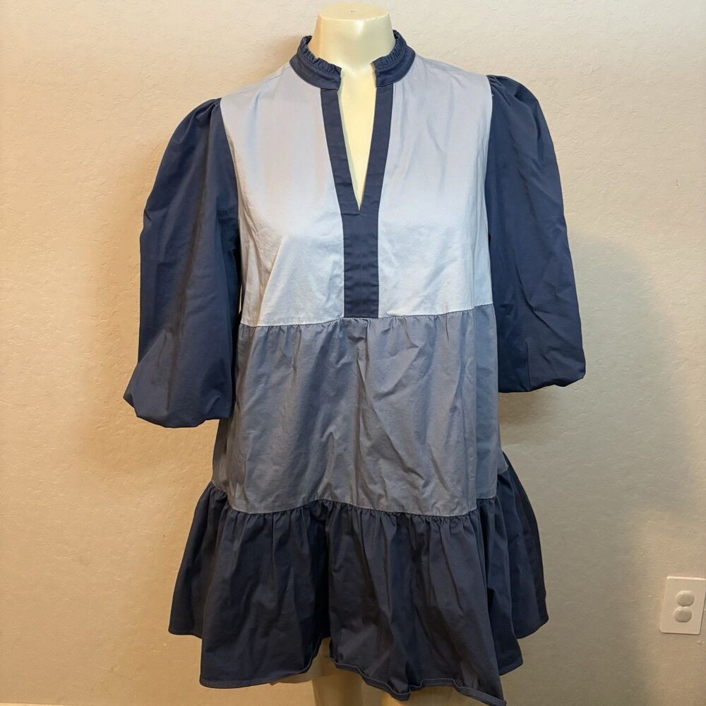 Emily McCarthy Womens Dress Tiered Puff Sleeves Color Block Pockets Size M